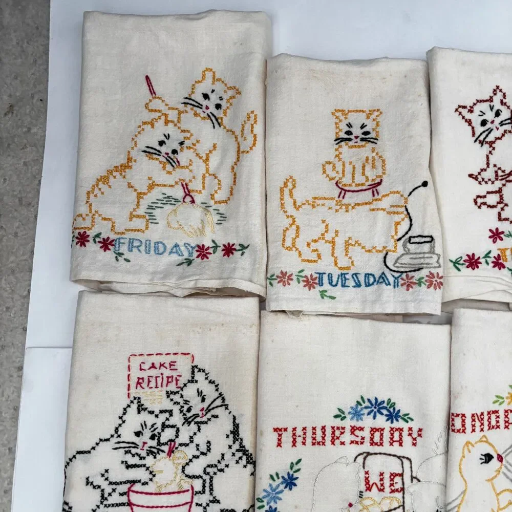 Vintage CUTTER Weekday Flour Sack Dish Towel Embroidered Kitten Bluebird Cottage